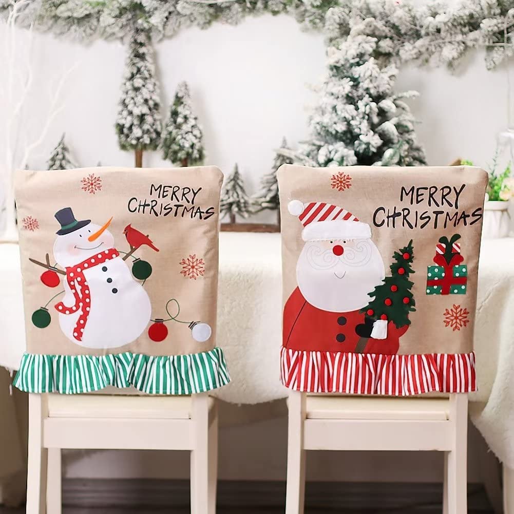 2-Piece Merry Christmas Chair Covers Set - Santa & Snowman Design, Dining & Office Chair Slipcovers for Holiday Decor - Perfect for Christmas Banquets, Parties & Festive Home Decor