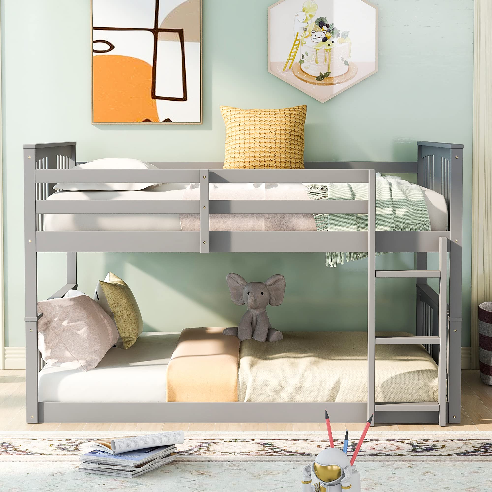 Full Over Full Wooden Bunk Bed for Kids & Toddlers with Built-in Ladder & Safety Guard Rails - Gray Twin Bunk Bed Frame for Boys Girls Bedroom, Dormitory, or Small Space Saving Kids Room Furniture