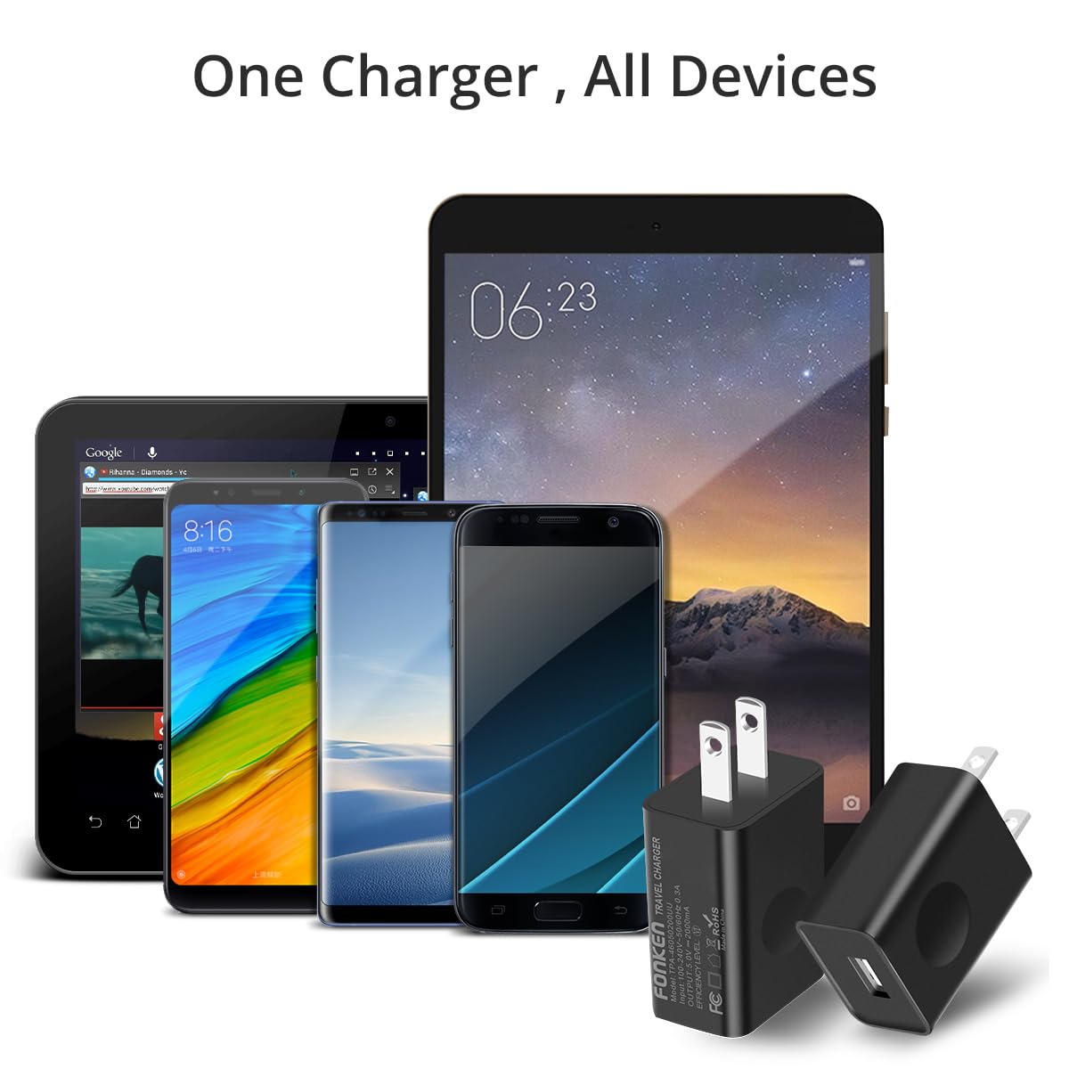 FONKEN 5V 2A USB Wall Charger - Fast Universal Travel Power Adapter for iPhone, iPad, Samsung, Google Nexus, LG, Moto | Compact Cube Design for Home, Office & Travel Charging