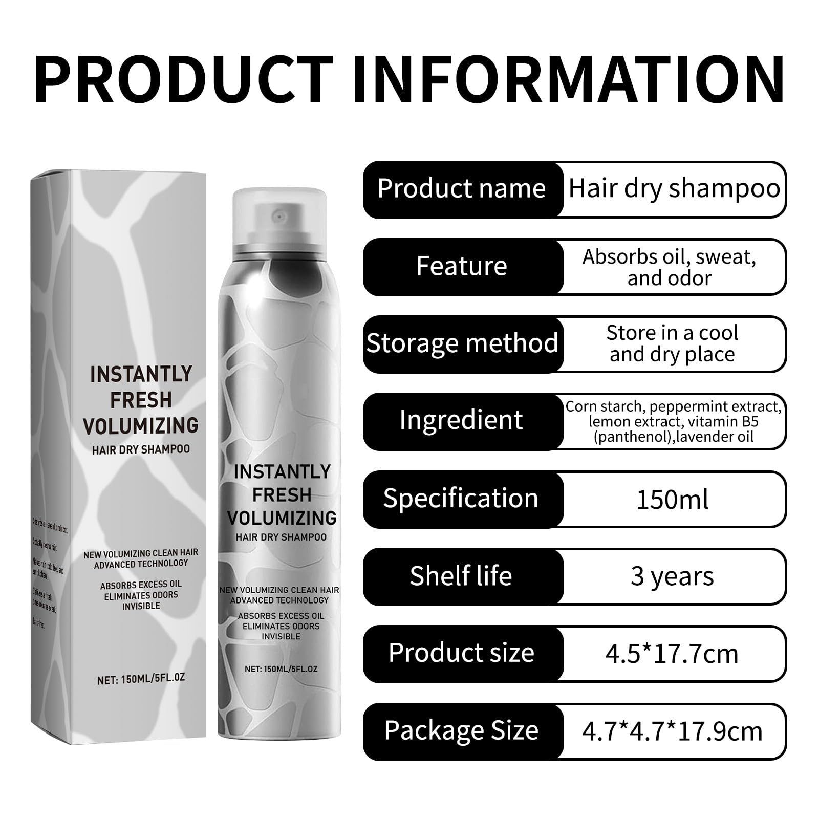 Volumizing Dry Shampoo Spray for Dark Hair - Instantly Fresh, Natural & Travel-Sized (1pc, Silver) | Perfect for On-the-Go, Gym, Travel & Oily Hair Refresh