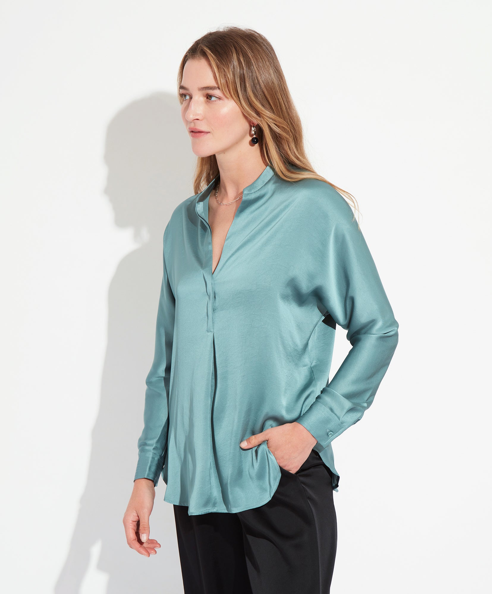 Satin Popover Blouse in Seafoam Green - Elegant Women's Fashion Top for Work, Party & Date Night Outfits