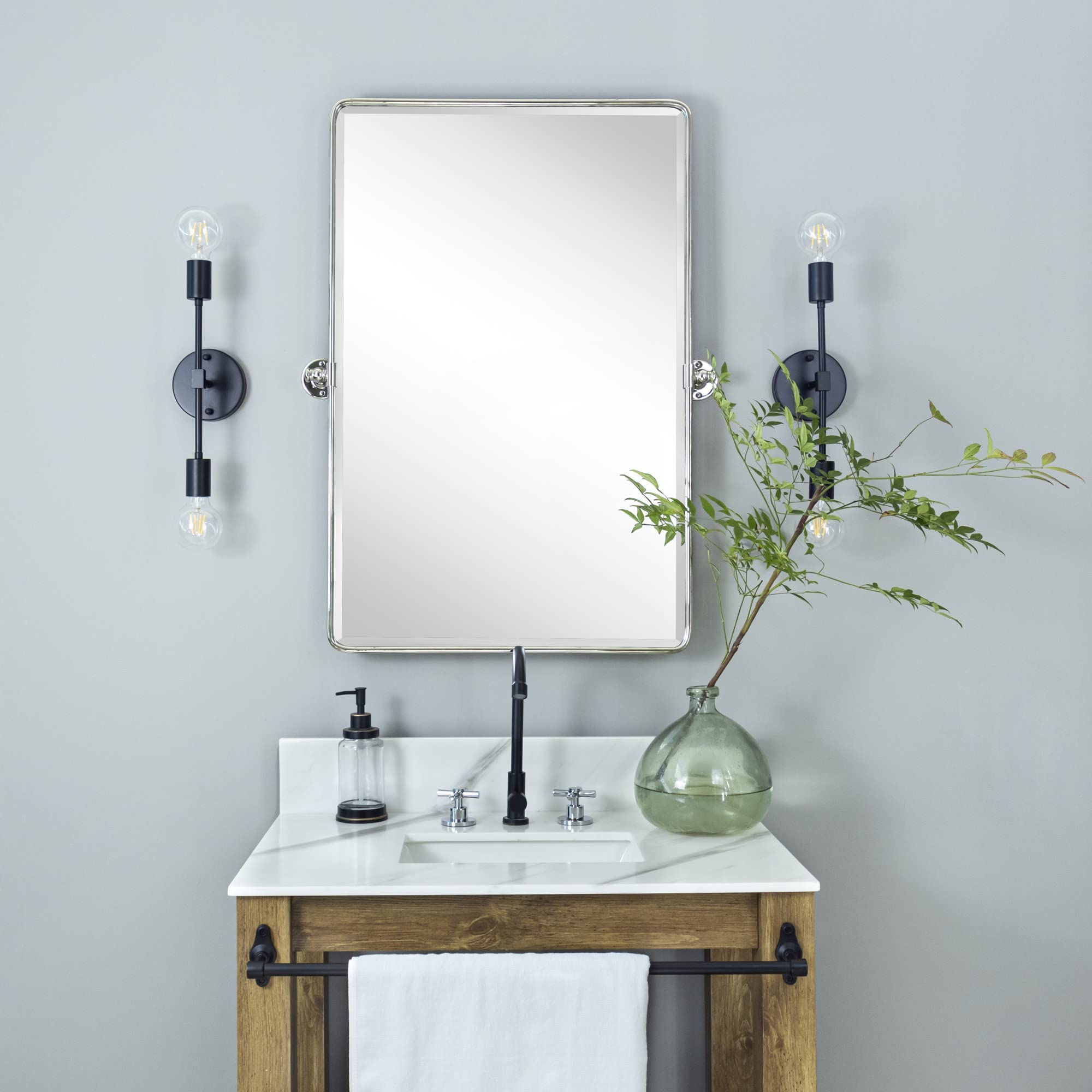 TEHOME 27 x 35 Inch Farmhouse Chrome Metal Framed Pivot Rectangle Bathroom Mirror - Adjustable Tilting Beveled Vanity Mirror for Wall Mount - Perfect for Bathroom, Bedroom, and Dressing Room Decor