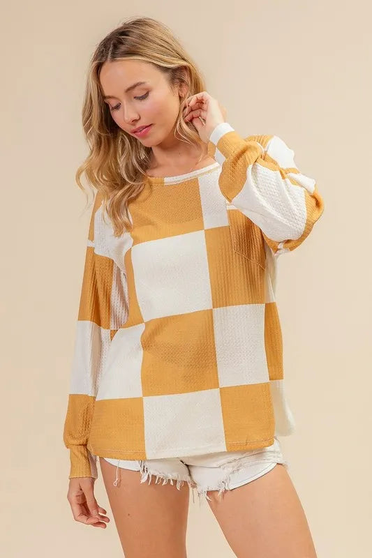 BiBi Checker Printed Hacci Knit Top with Front Pocket - Stylish Casual Wear for Women | Perfect for Everyday Outfits, Office & Weekend Outings