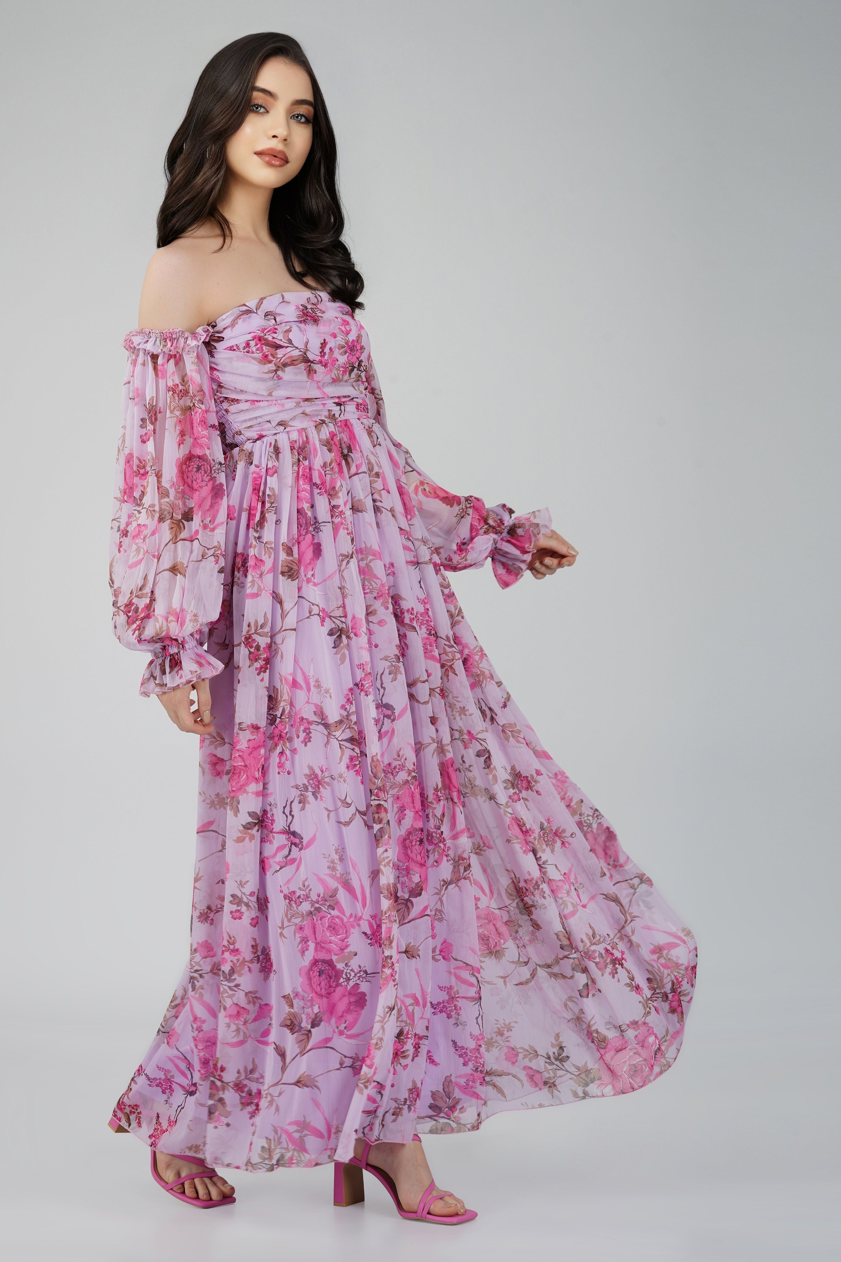 Lavender Lana Chiffon Printed Dress for Women - Floral Summer Maxi Dress with V-Neck & Flowy Skirt | Perfect for Beach Vacations, Weddings & Date Nights