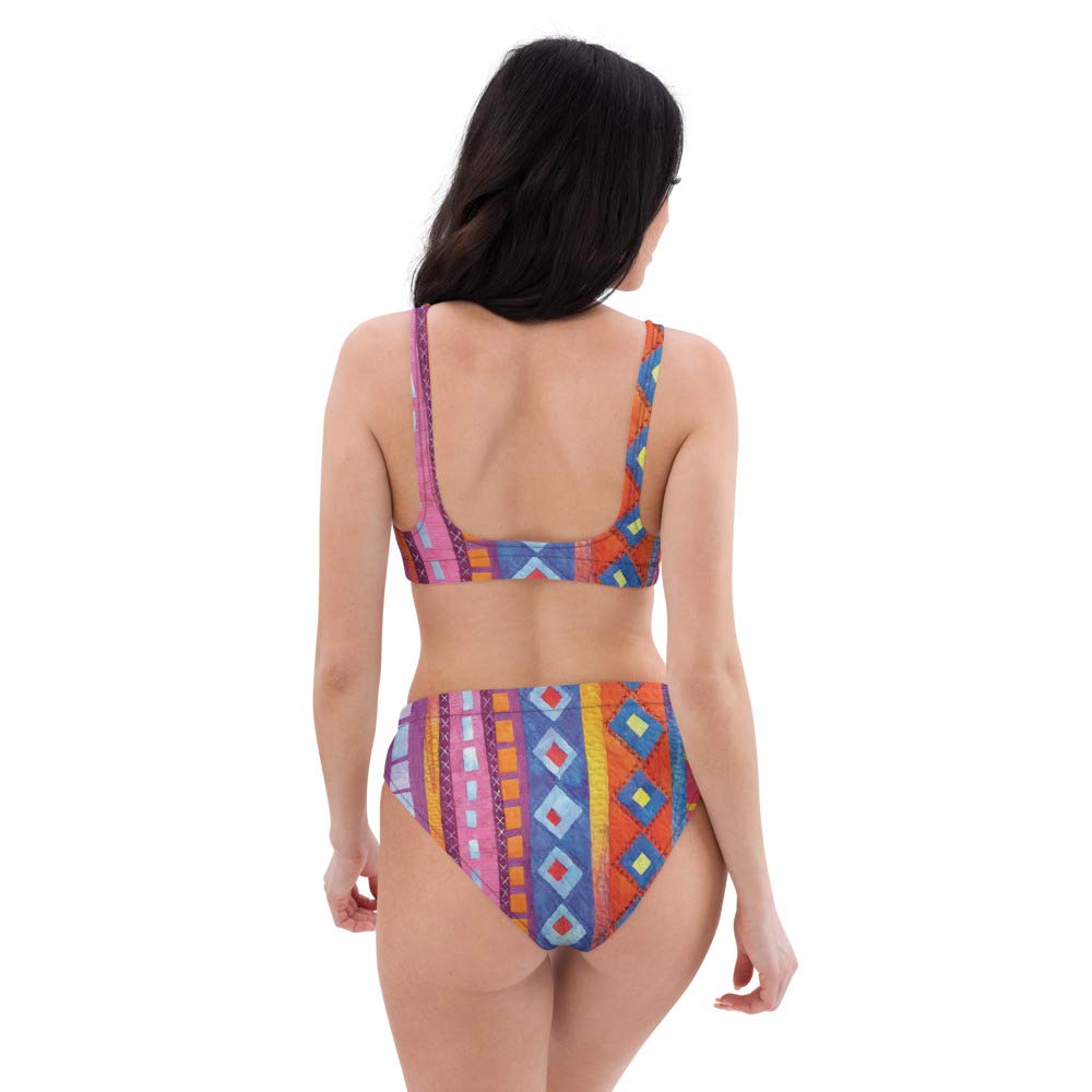Eco-Friendly High Waisted Bikini Set for Women - Rainbow Geometric Striped Swimwear | Perfect for Beach Vacations, Pool Parties & Summer Getaways