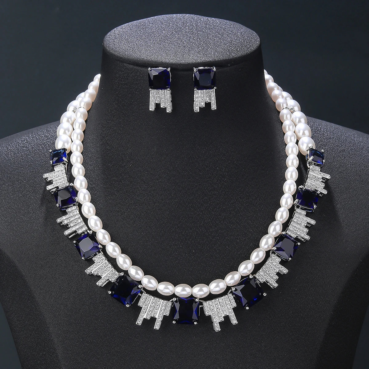 Luxury Cubic Zirconia Pearl Two Layer Necklace and Earrings Set for Women - Elegant Wedding Bridal Jewelry, Perfect for Bridesmaid Gifts & Special Occasions | CN10806A