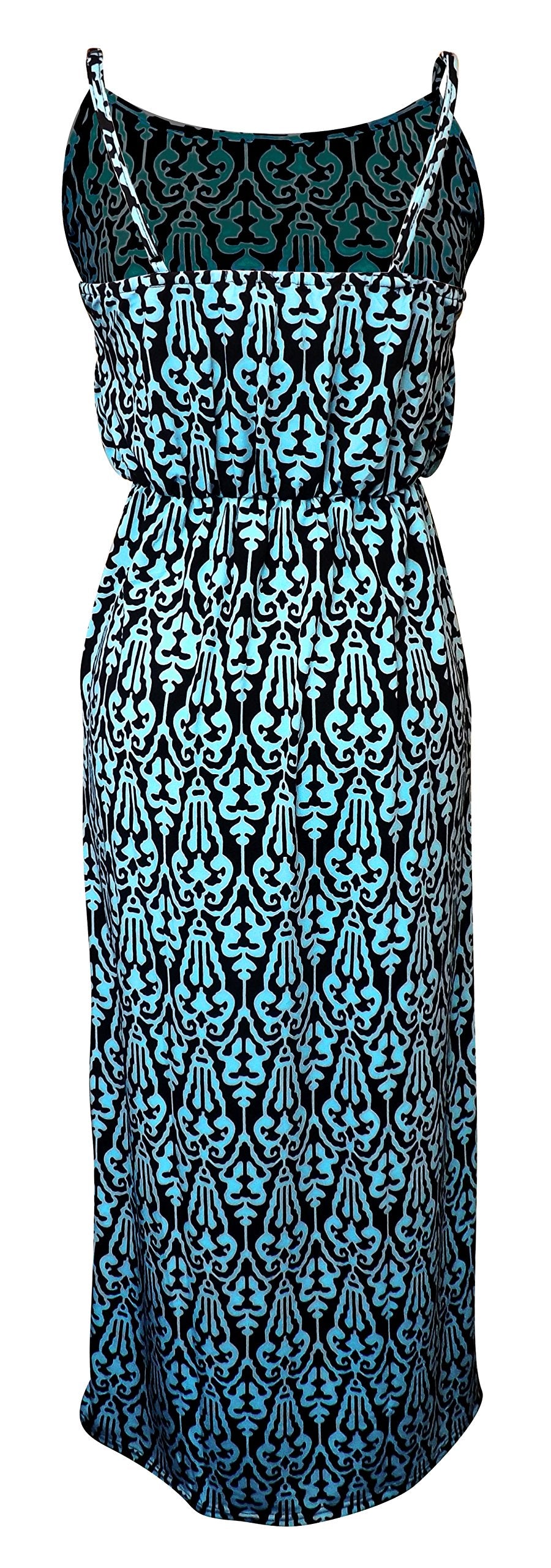 Women's Floral Damask Print Sleeveless Blouson Maxi Dress - Blue & Black - Medium Size - Perfect for Spring/Summer Weddings, Beach Vacations & Casual Outings