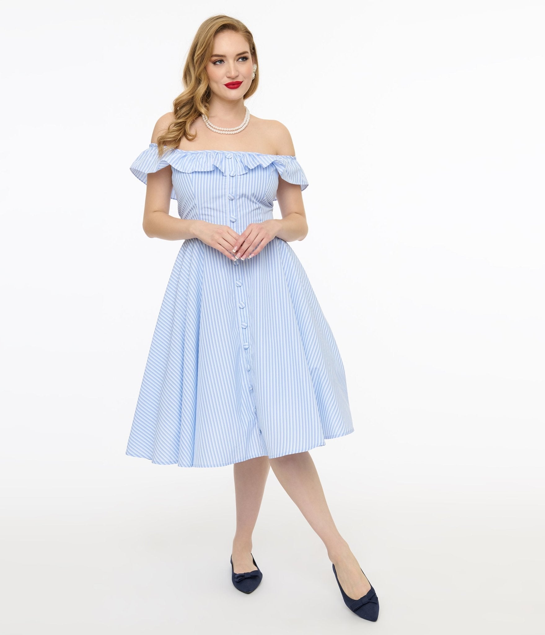 Vintage 1950s Blue & White Stripe Swing Dress - Retro Barbara Dress for Women - Perfect for Cocktail Parties, Tea Dances & 1950s Themed Events