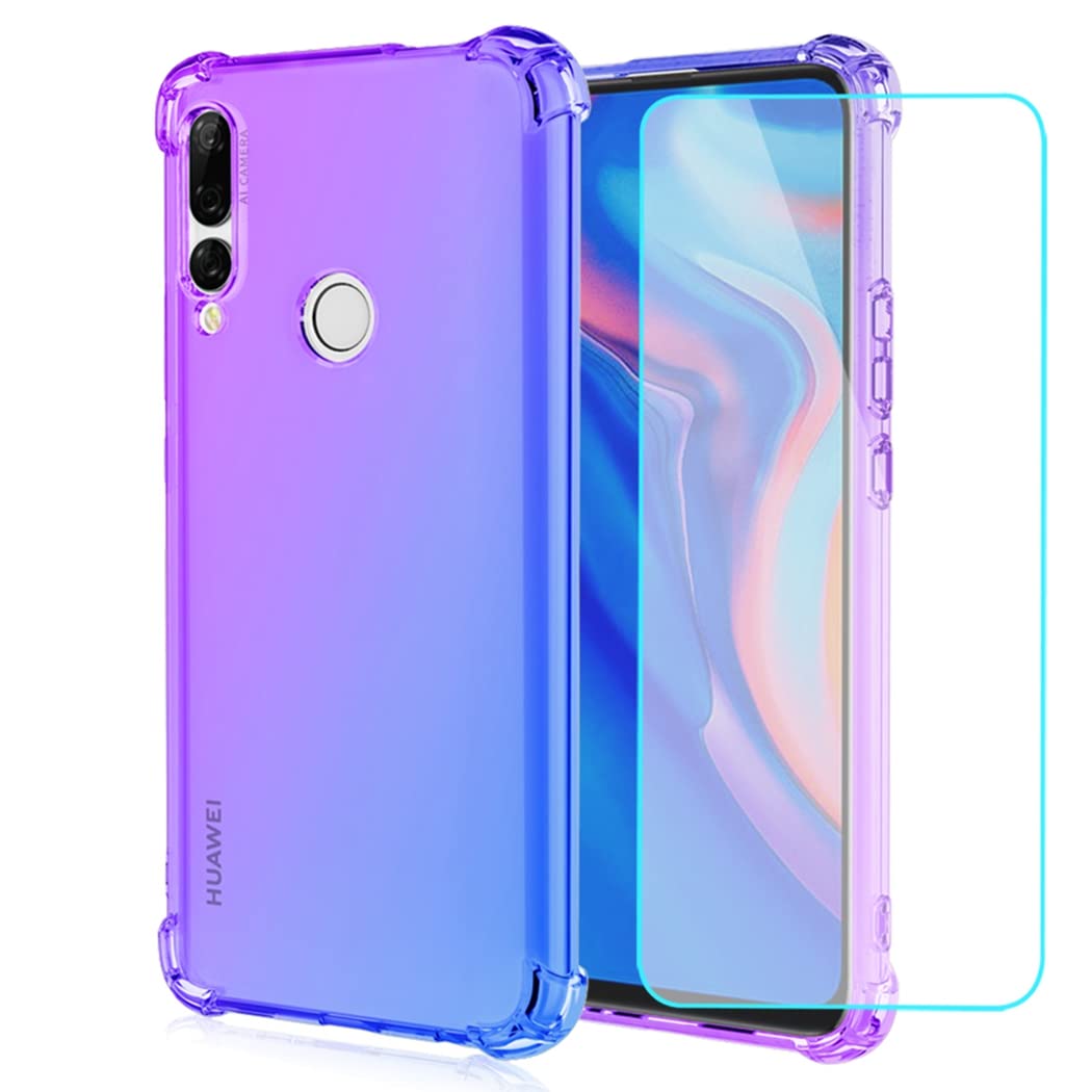 Huawei Y9 Prime 2019 Case with Tempered Glass Screen Protector | Shockproof TPU Clear Gradient Phone Cover for Honor 9X/P Smart Z STK-LX1 | Cute Purple/Blue Slim Protective Case | Perfect for Everyday Use, Travel & Outdoor Activities