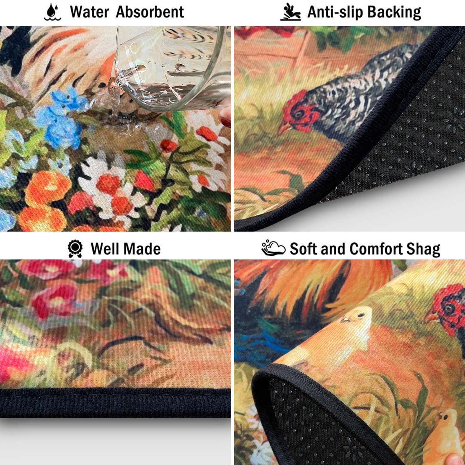 Non-Slip Washable Microfiber Kitchen Rugs Set of 2 - Rooster Design Absorbent Floor Mats (17