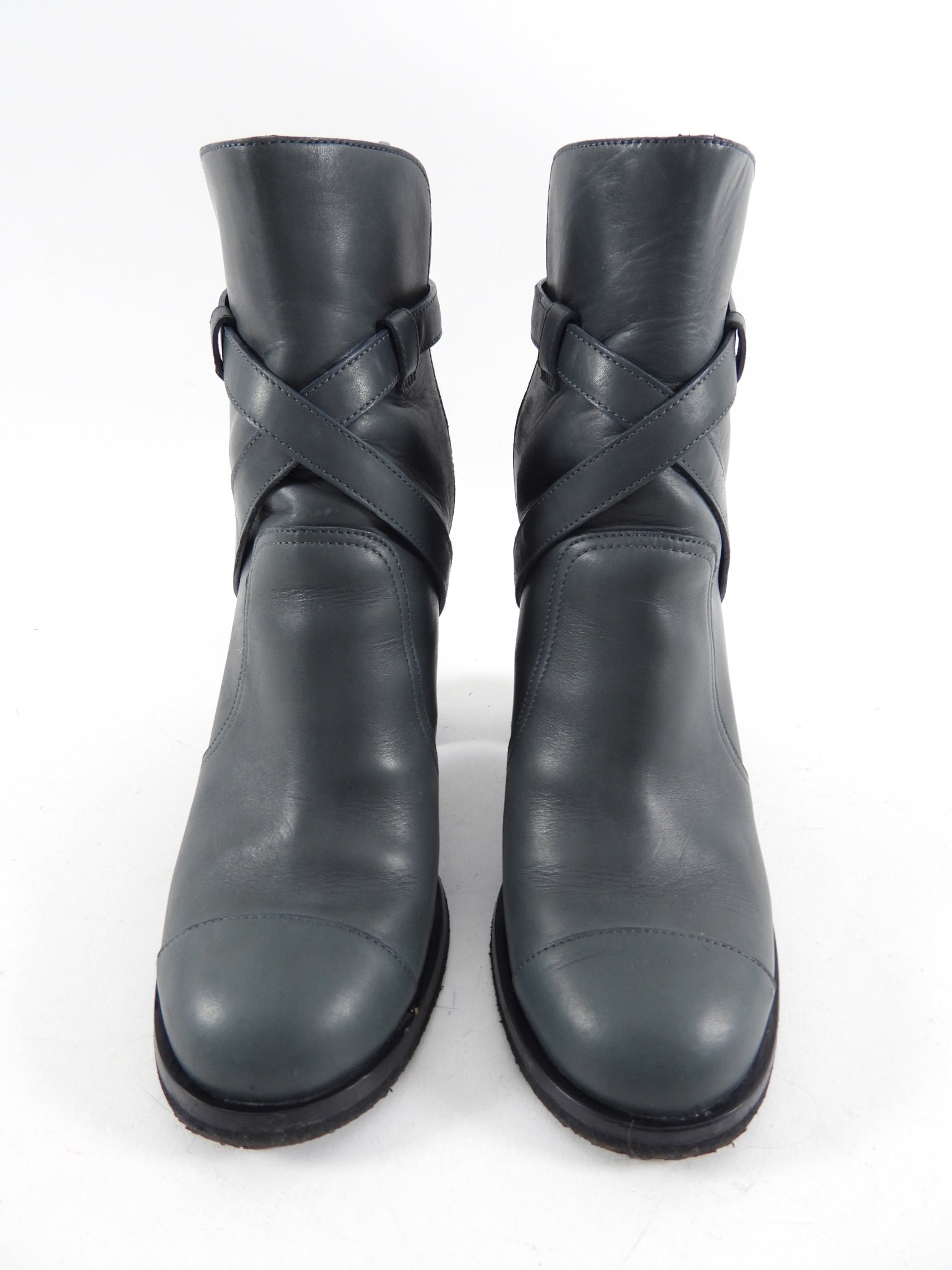 Chanel Grey Leather Cap Heel Ankle Boots Women's Size 39 / 8 - Stylish & Comfortable for Office, Party & Night Out