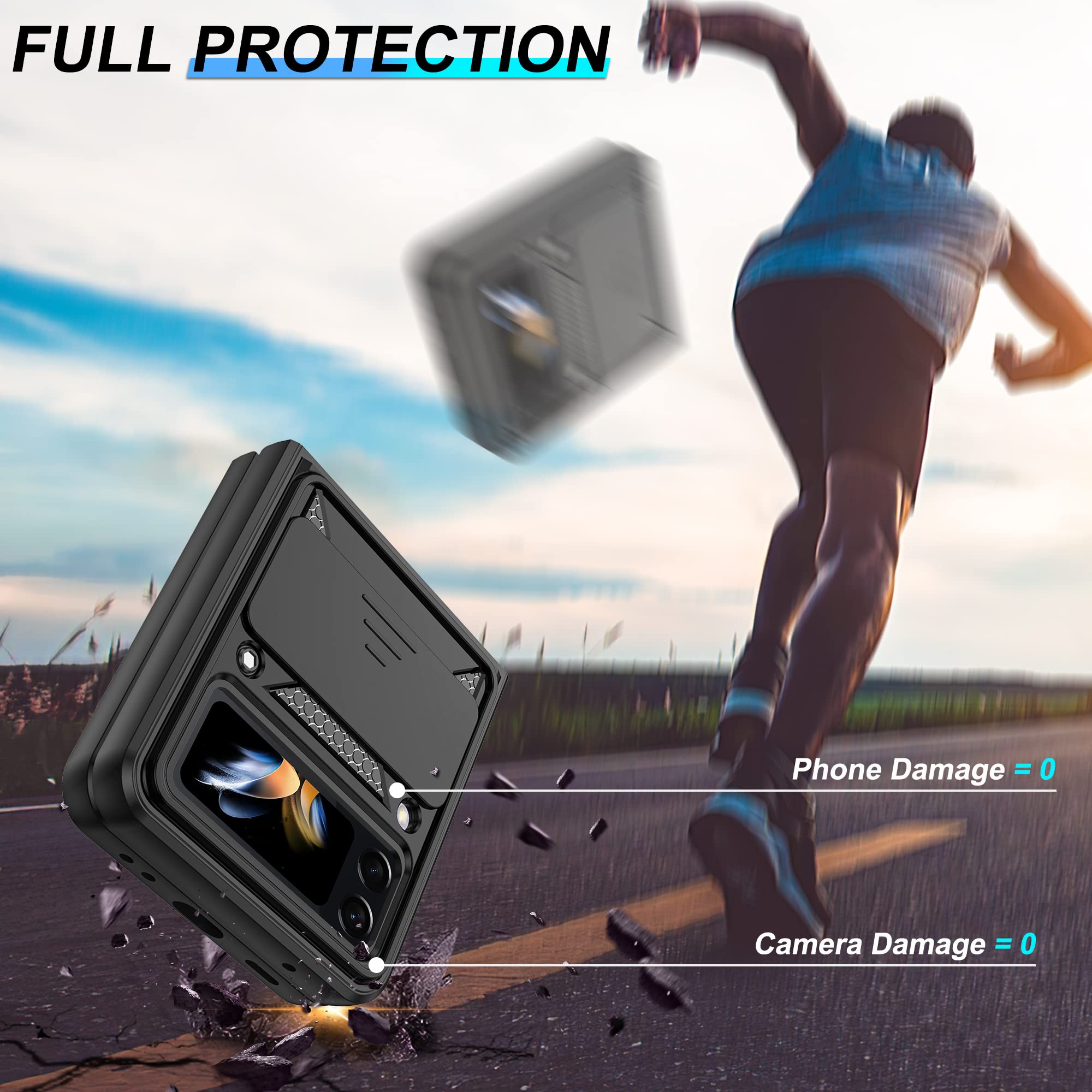 **Military Grade Samsung Galaxy Z Flip 4 Case with Slide Camera Cover & 360° Rotating Ring Kickstand - Shockproof Protective Cover for Everyday Use, Travel, and Work (Black)**