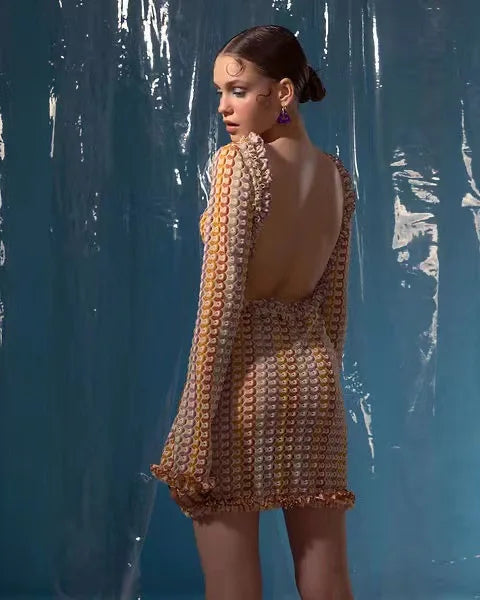 Women's Backless Knitted Beach Dress - Hollow Out Mini Boho Cover Up Dress with Long Sleeves for Summer | Elegant & Colorful Bikini Cover Up | Perfect for Beach Vacations, Pool Parties & Tropical Getaways 2024