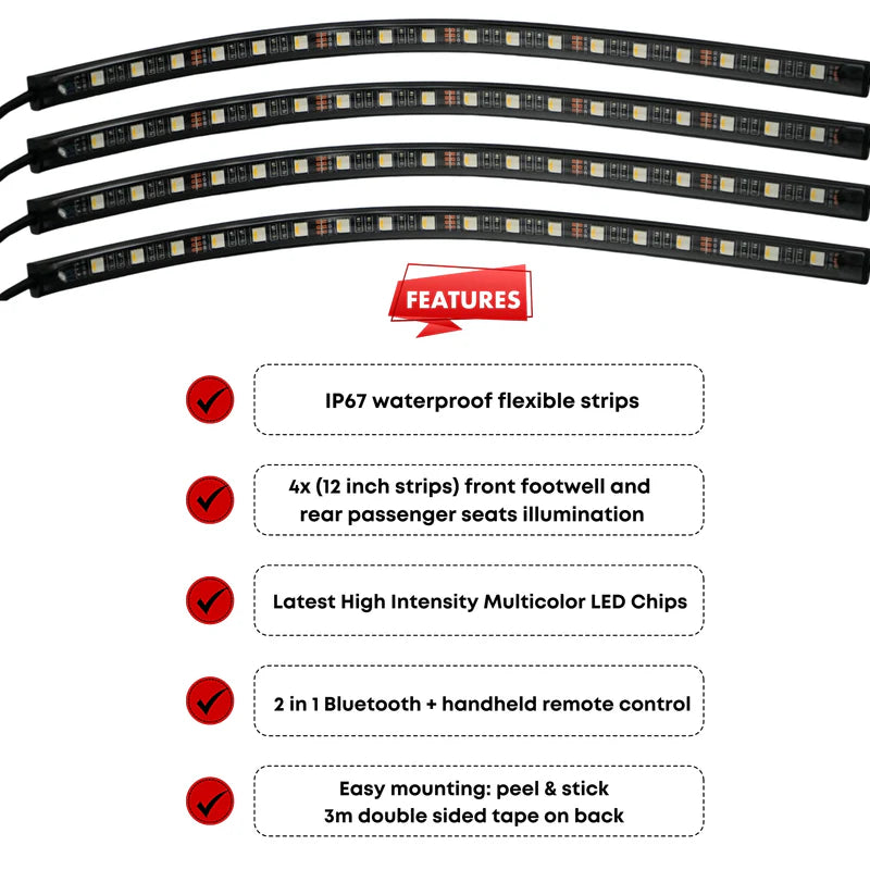 Premium Car Interior Footwell Ambient Lighting Kit - Front & Rear LED Lights for Custom Car Decor | Enhance Mood & Style for Night Driving & Parties