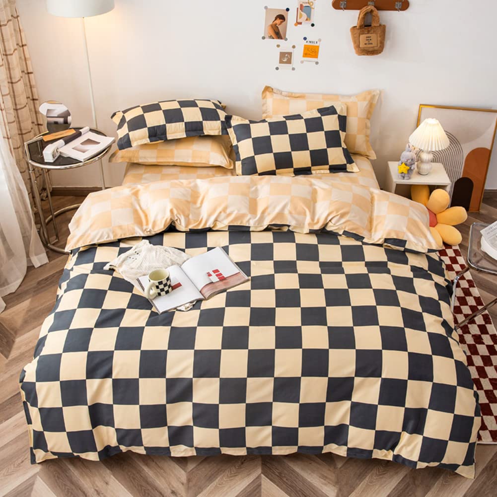 Premium LAMEJOR Queen Size Duvet Cover Set - Soft Beige & Gray Checkered Bedding (1 Duvet Cover + 2 Pillowcases) for Cozy Bedroom Decor & Guest Room Essentials