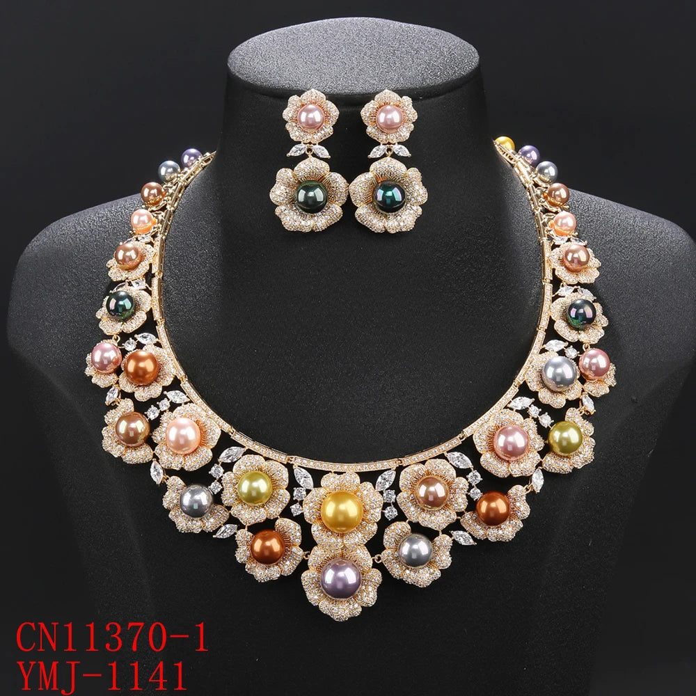 Luxury Flower Necklace for Women - High Quality Zircon Pearls Jewelry Set | Sparkling Bridal Party Costume Accessories | Perfect for Dubai Weddings, Evening Events & Special Occasions