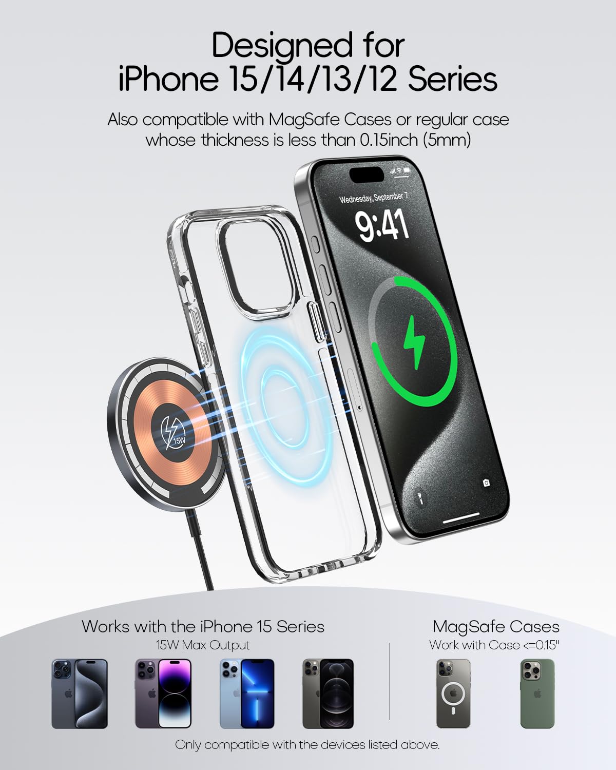 Magnetic Wireless Charger for iPhone 15/14/13/12 Series - Fast Charging Mag-Safe Compatible Charging Pad with Strong Magnet - Perfect for Home, Office, and Travel Use