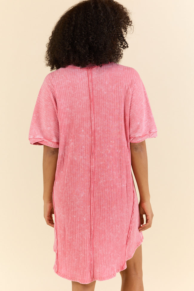Hot Pink Acid Wash Knit Dress - High Temperature Resistant, Summer Casual & Party Wear - Women's Fashion Dress for Beach, Vacation & Night Out