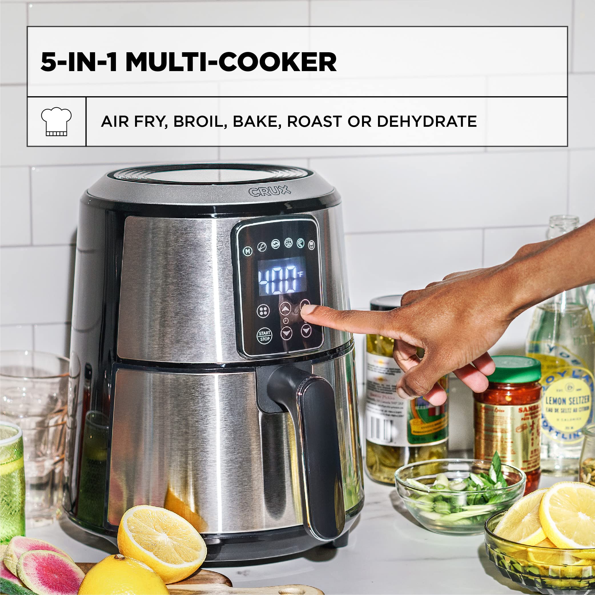 Crux 3QT Digital Air Fryer - Fast Preheating, Oil-Free Healthy Cooking, Evenly Cooked Meals, Dishwasher Safe Non-Stick Basket & Crisper Tray, Stainless Steel Design - Perfect for Quick Family Dinners, Healthy Snacks & Meal Prep