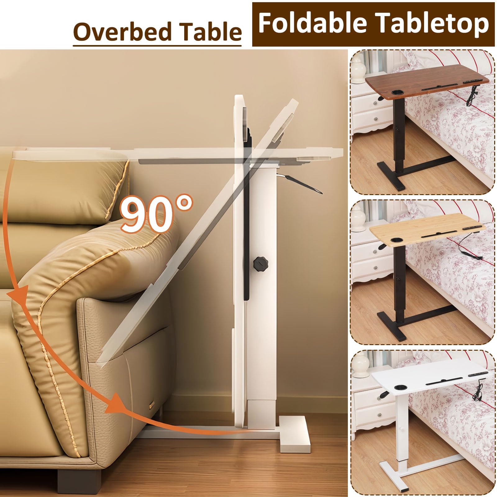 Adjustable Height Overbed Table with Swivel Wheels & USB Ports - Pneumatic Mobile Bedside Laptop Desk with Foldable Tabletop - Perfect for Hospital, Home Office & Standing Workstation Use