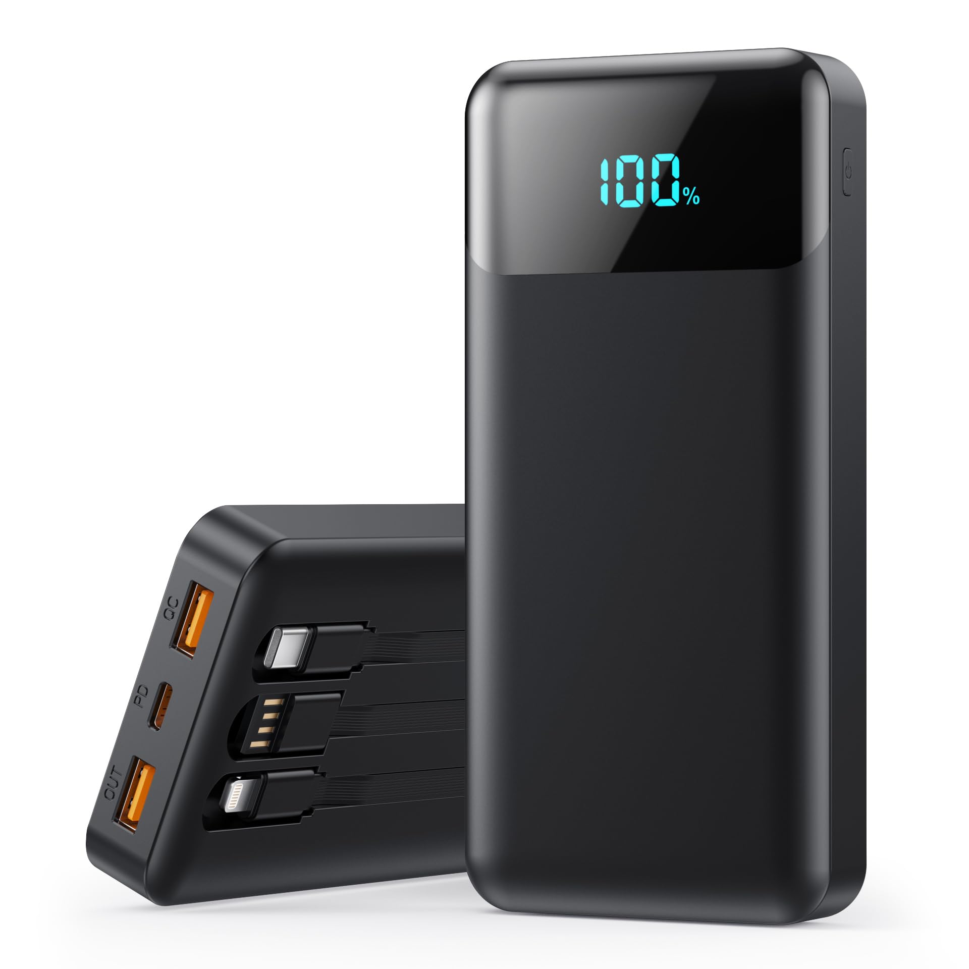 40800mAh Portable Charger Power Bank with 3 Built-in Cables - 25W PD USB C Fast Charging, QC4.0 LED Display External Battery Pack for iPhone 16/15 Pro Max, Samsung Galaxy S23/S22, Android Phones - Perfect for Travel, Camping & Emergency Power Backup (Black)