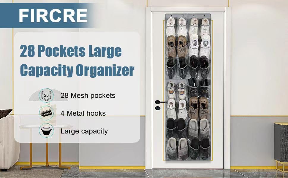 28-Pocket Over The Door Shoe Organizer - Hanging Mesh Shoe Rack with Clear Crystal Gray Design (65