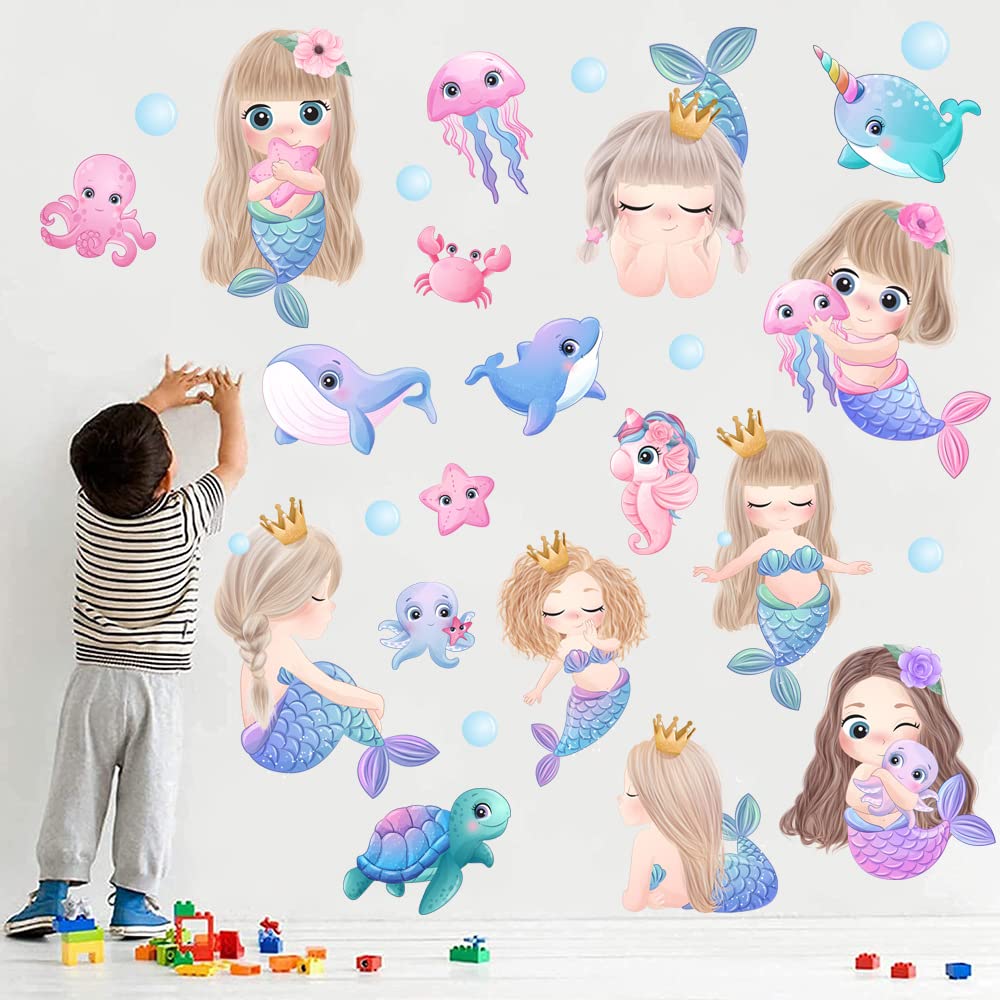 Cute Multicultural Mermaid Wall Stickers for Girls Bedroom - Underwater Sea Animal Wall Decals for Nursery, Kids Room & Bathroom Decor - Perfect for Baby Girls' Room Makeover and Ocean-Themed Party Decorations