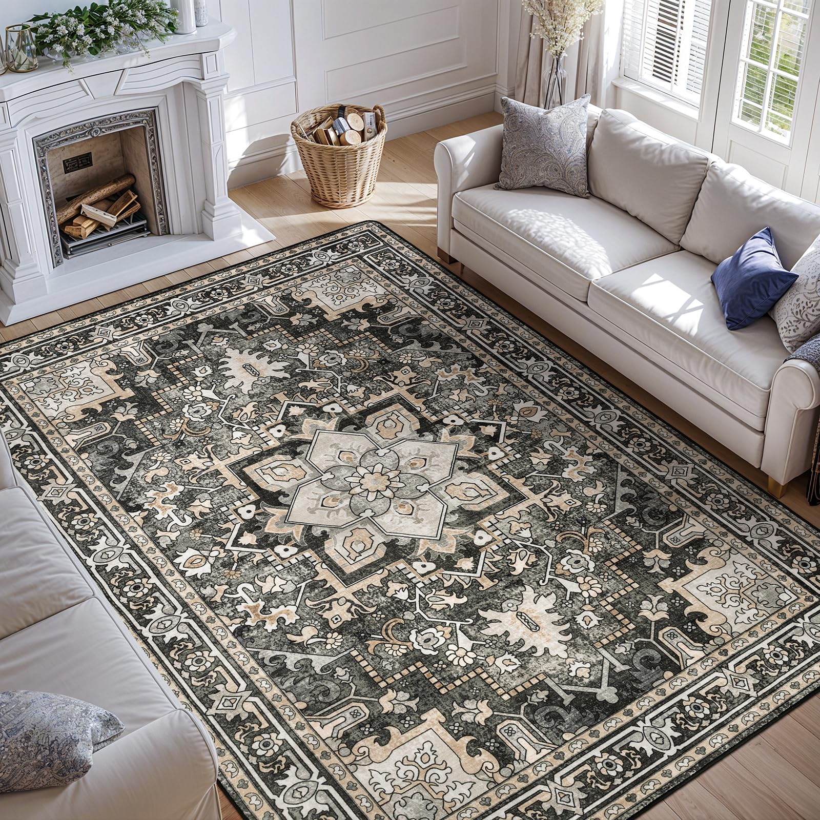 9x12 Soft Low-Pile Machine Washable Non-Slip Area Rug - Perfect for Living Room, Bedroom & Dining Room - Kid & Pet Friendly Floor Carpet - Black - Great for Cozy Home Decor & Family Spaces