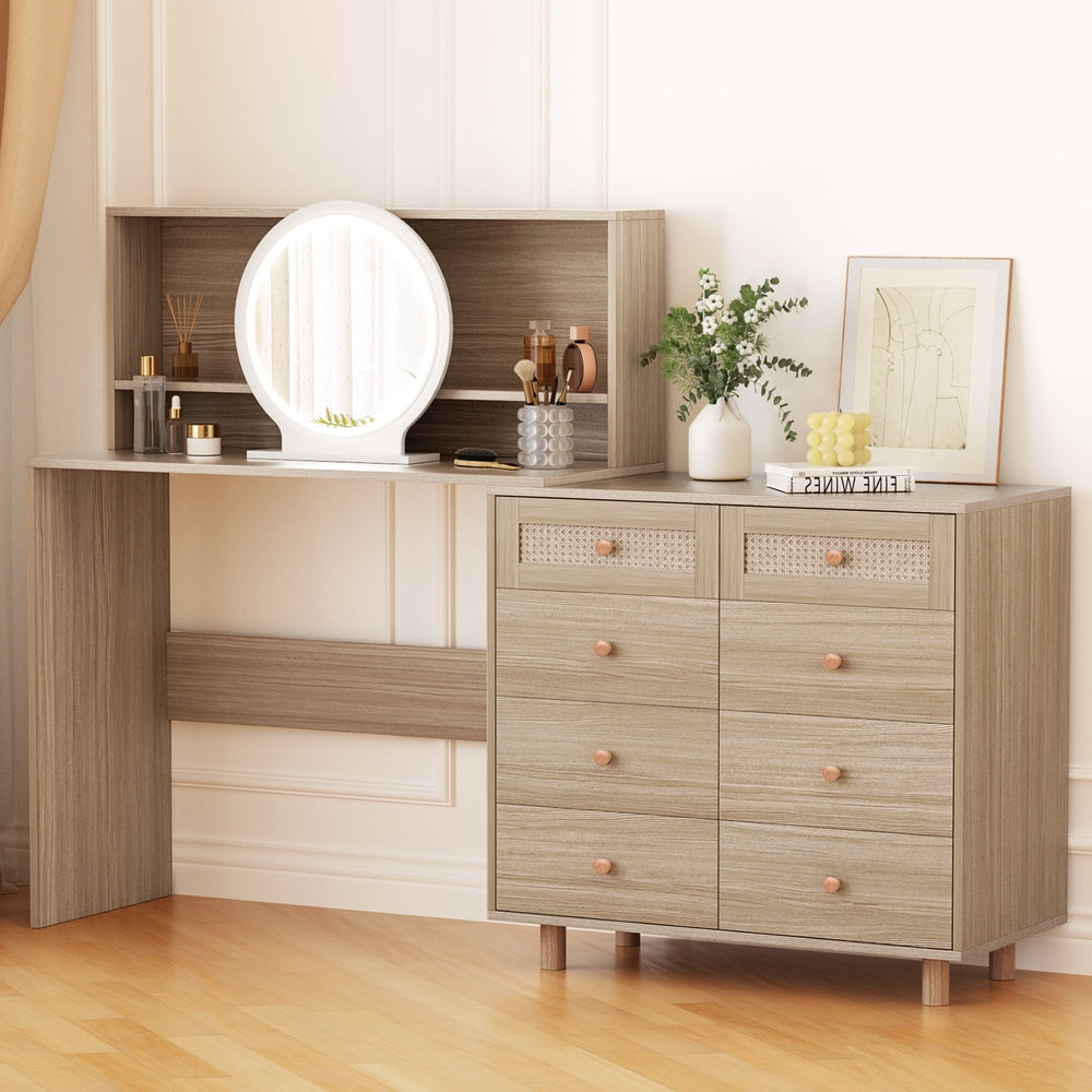 Modern Vanity Dressing Table Set with LED Mirror & Stool - Pine Wood Makeup Vanity for Bedroom, Bathroom, or Dressing Room - Perfect for Makeup Application, Skincare Routine, and Hair Styling