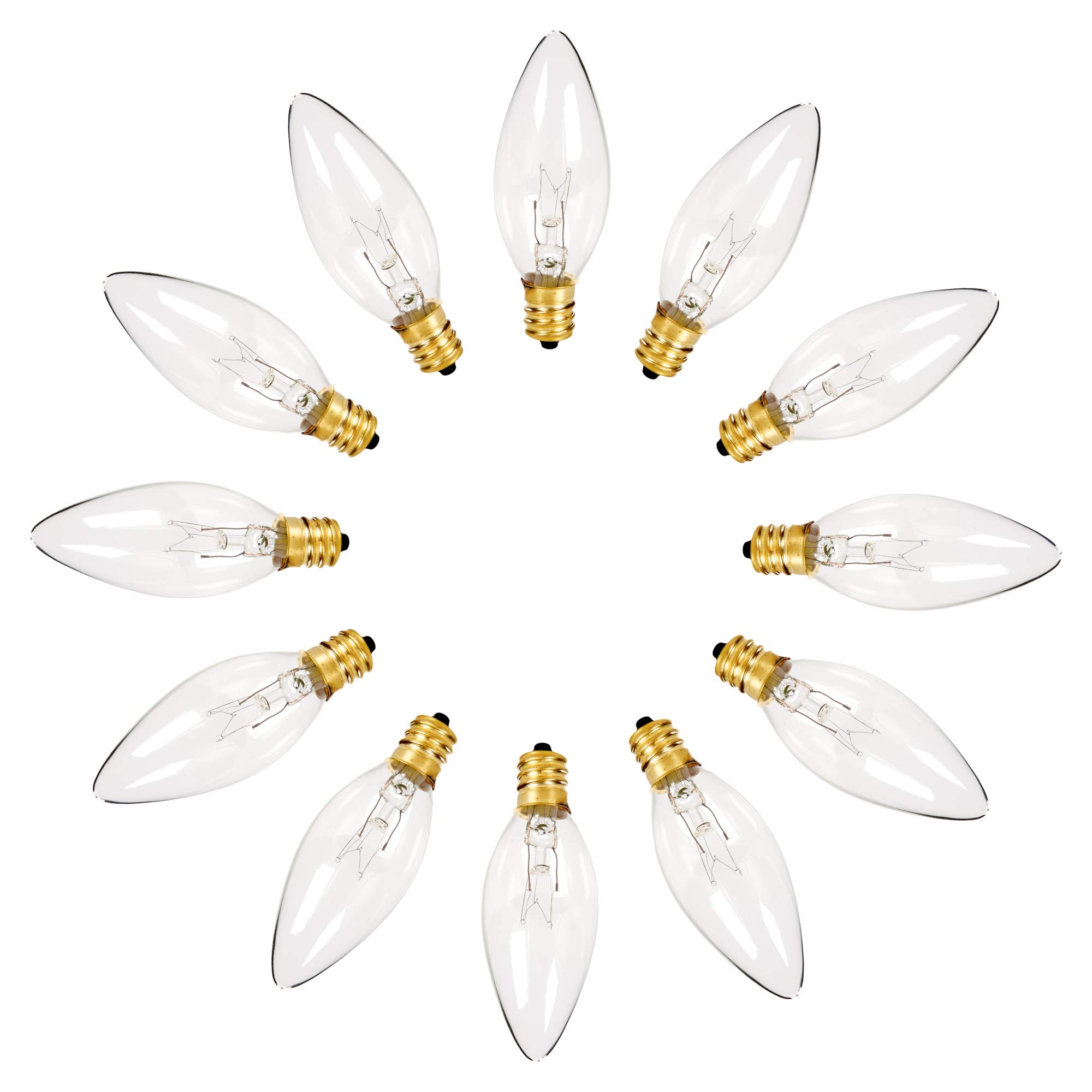 Crystal Clear Torpedo Tip Candelabra Bulbs - 7W E12 Base 120V (12 Pack) - Perfect for Electric Window Candle Lamps, Holiday Decorations & Chandeliers