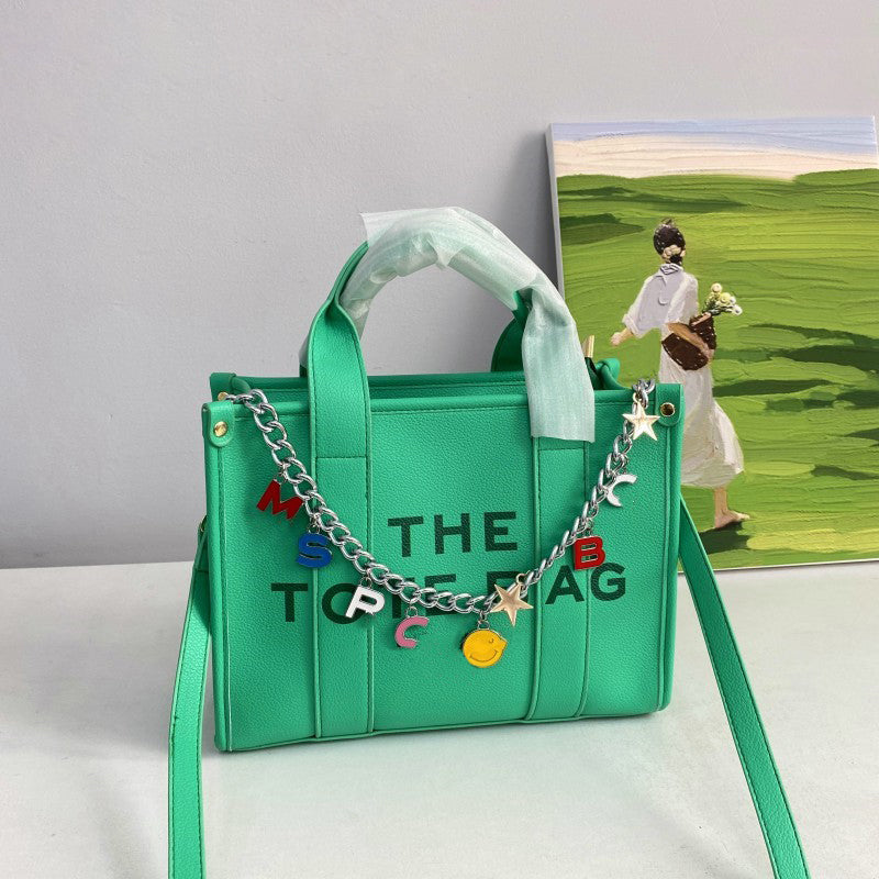 Stylish Letter Chain Tote Bag for Women - Trendy Canvas Shoulder Bag with Metal Chain Strap - Perfect for Shopping, Beach, Work & Daily Use