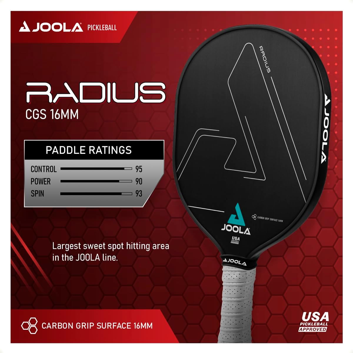 JOOLA Radius CGS 16 Pickleball Paddle - Premium Carbon Fiber Surface for Enhanced Spin & Control - Perfect for Competitive Play & Recreational Games