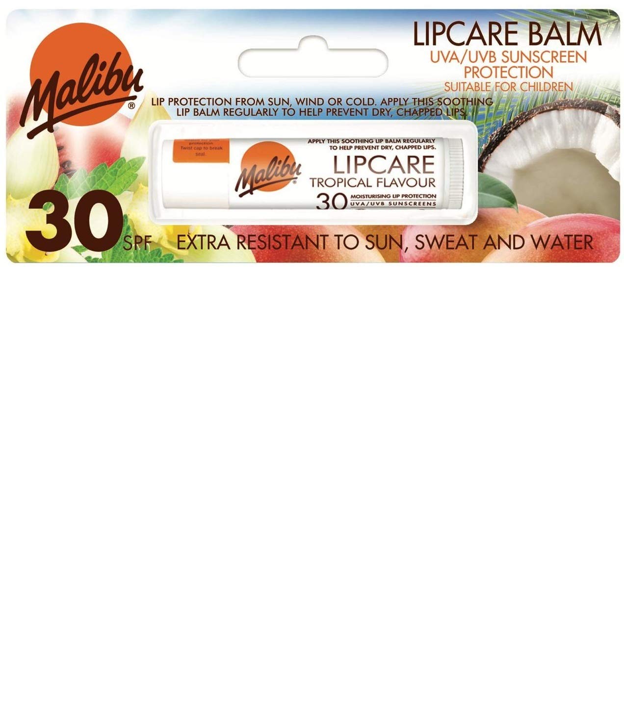 Malibu Vegan Tropical Flavor Lip Balm with SPF 30 - 5g Moisturizing & Sun Protection for Dry Lips - Women & Men - Perfect for Beach, Hiking & Outdoor Activities