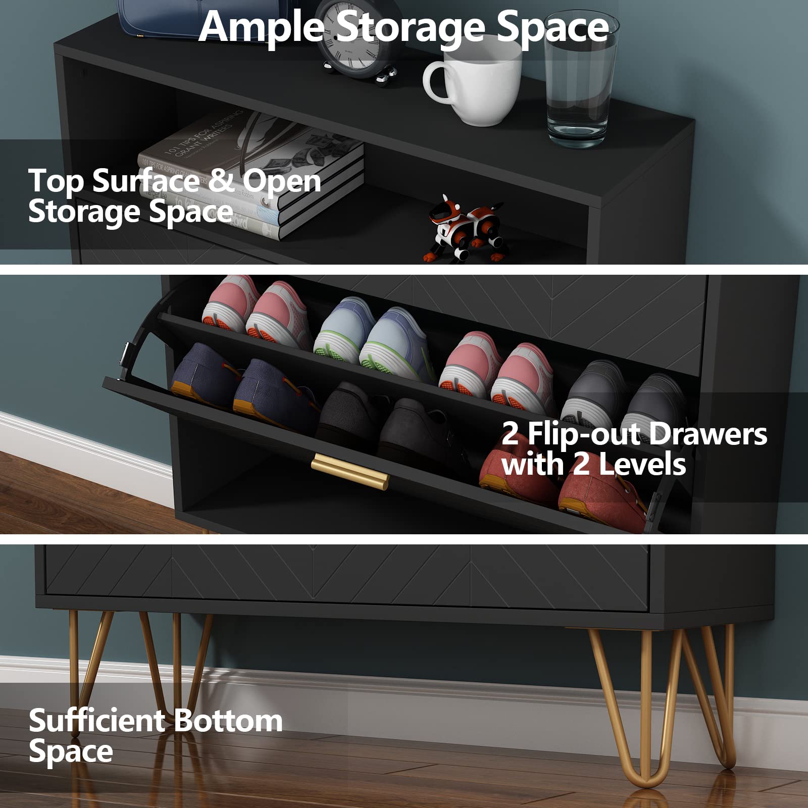 Modern Tipping Bucket Shoe Storage Cabinet with 2 Flip Drawers - Space Saving Entryway Shoe Rack with Storage Top Cubby, Narrow Slim Hidden Organizer with Doors - Freestanding Shoe Cabinet for Small Spaces (Black) | Perfect for Apartments, Hallways & Closet Organization