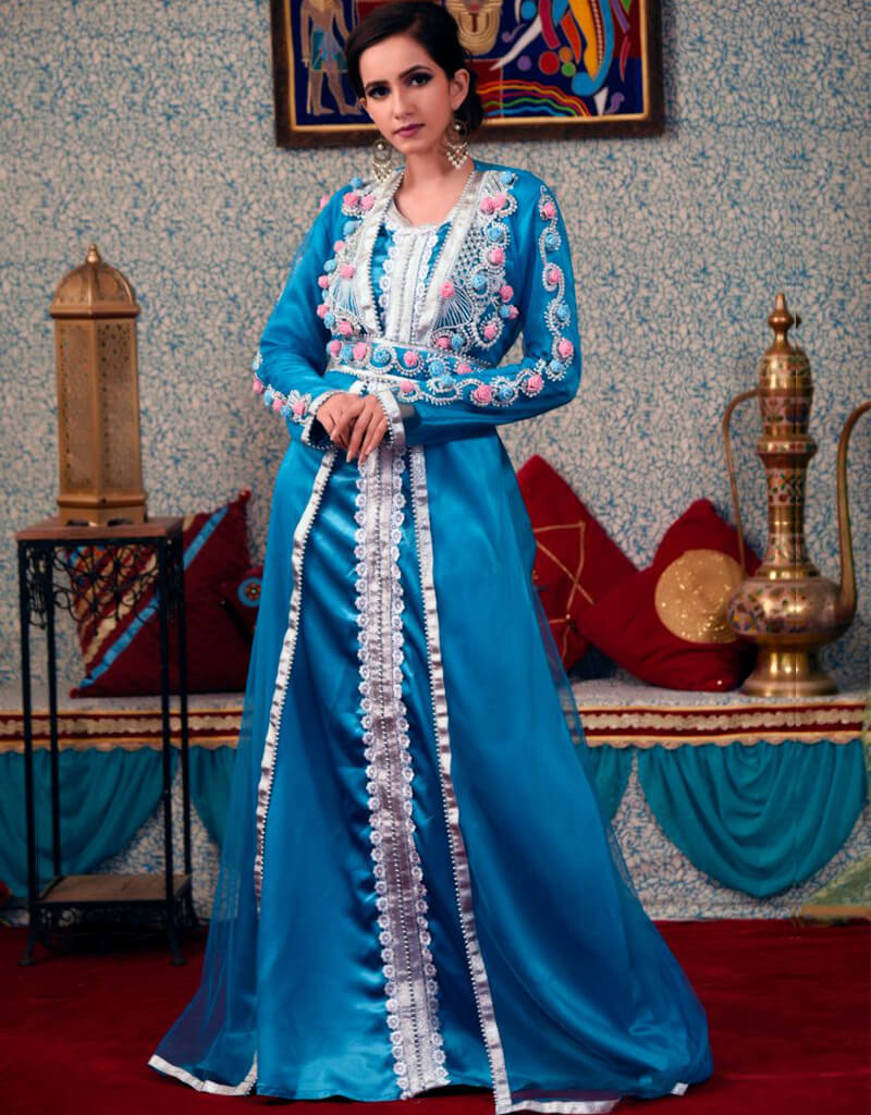 Exquisite Arabic Firozi Blue Silk Georgette Fabric with Handcrafted Silver Embroidery - Moroccan Style Elegance for Home Decor, Fashion & Special Occasions