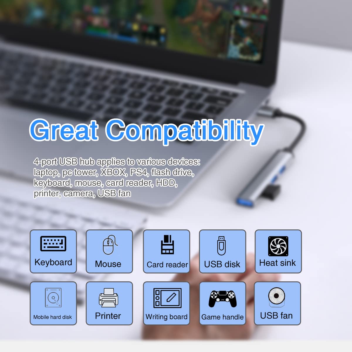 4-Port USB 3.0 Hub for Laptop & PC - Ultra Slim Aluminum USB Splitter & Extender for Mouse, Keyboard, Flash Drive - Perfect for Home Office, Gaming & Travel Accessories