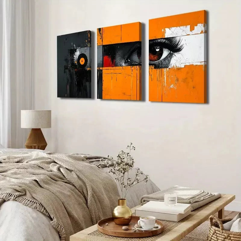 3-Piece Bold Abstract Street Art Eye Vinyl Records Wall Art Set - Framed Canvas 50x70cm - High Quality Print - 100% Australian Made - Ready to Hang - Perfect for Living Room, Bedroom & Office Decor