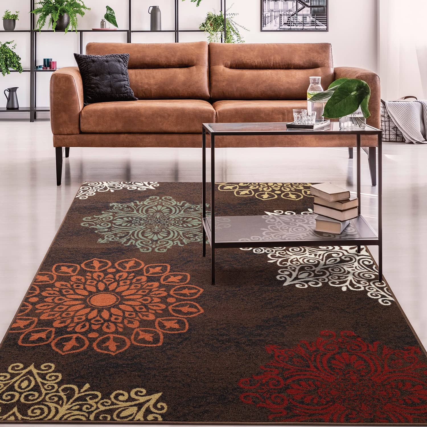 Antep Rugs Modern Floral 8x10 Non-Slip Low Pile Area Rug with Rubber Backing - Brown 7'10