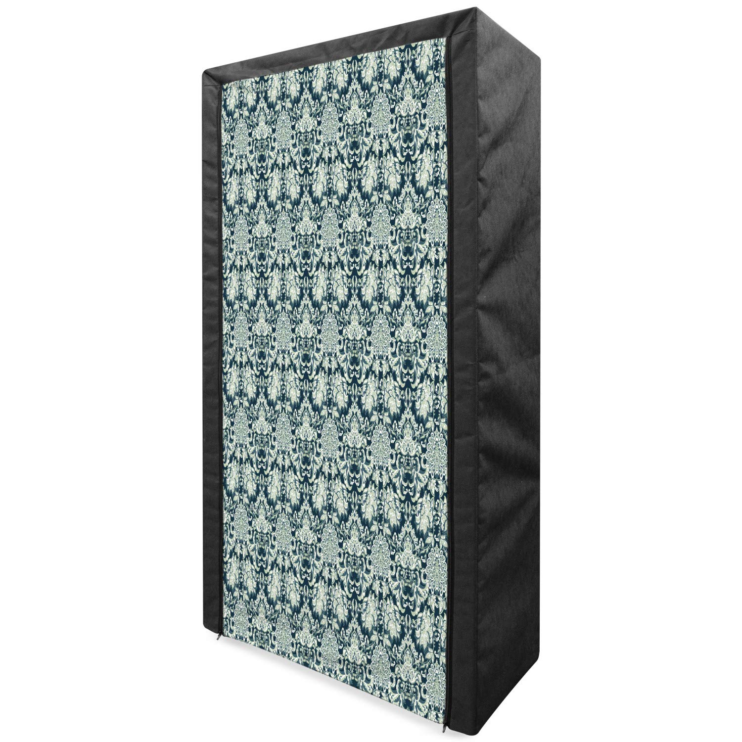 Ambesonne Vintage Portable Fabric Wardrobe - Victorian Baroque Foliage Leaves Pattern with Ornamental Swirls - Clothing Organizer & Storage Closet with Shelves - 33.5 Inches - Sage Green & Dark Blue - Perfect for Bedroom, Closet, Dorm, Apartment & Small Space Organization