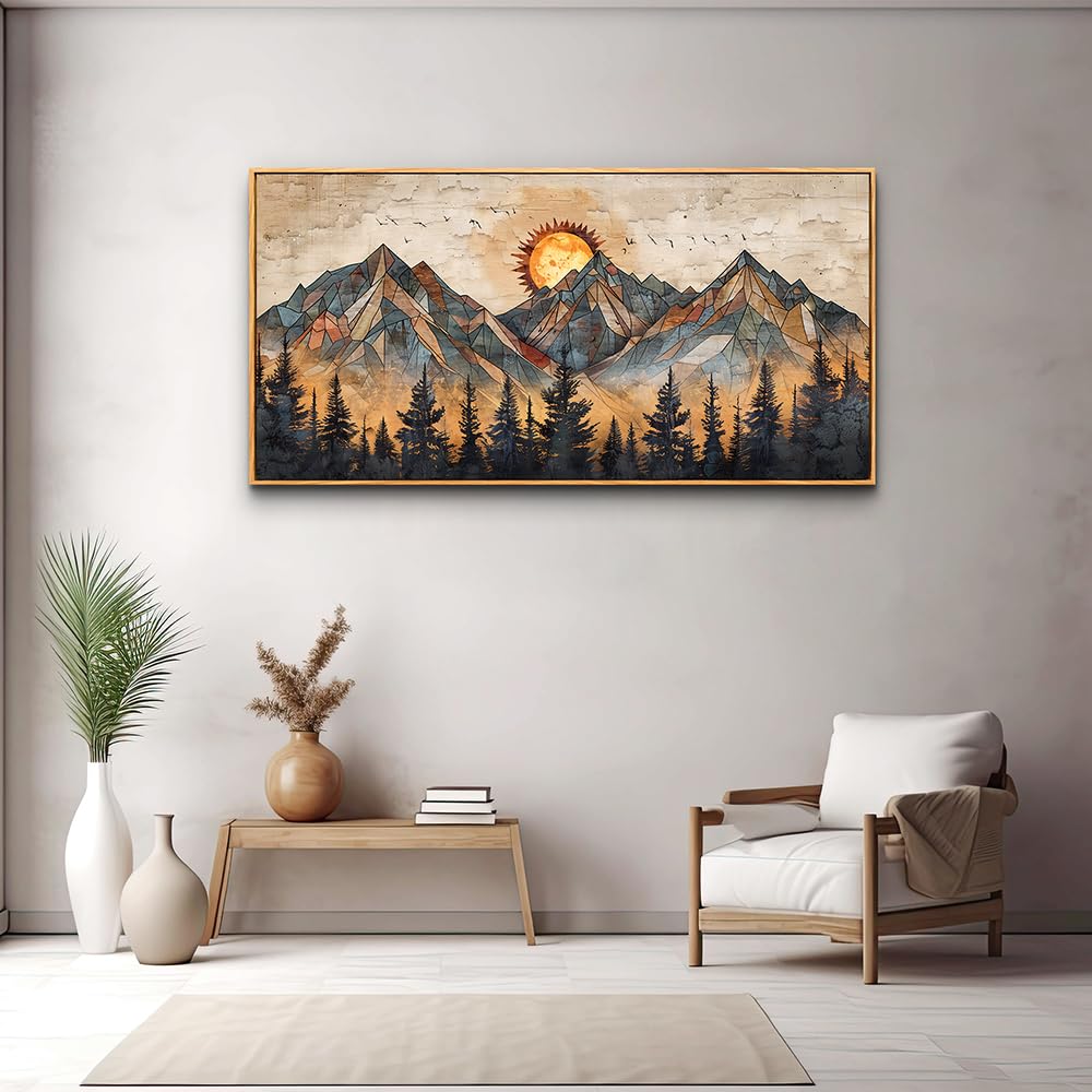 Modern Abstract Boho Wall Art - Wood Framed Canvas Painting 20x40 Inch, Mountain Landscape Wall Decor for Living Room, Bedroom & Office - Perfect for Home Decor, Housewarming Gifts & Interior Design