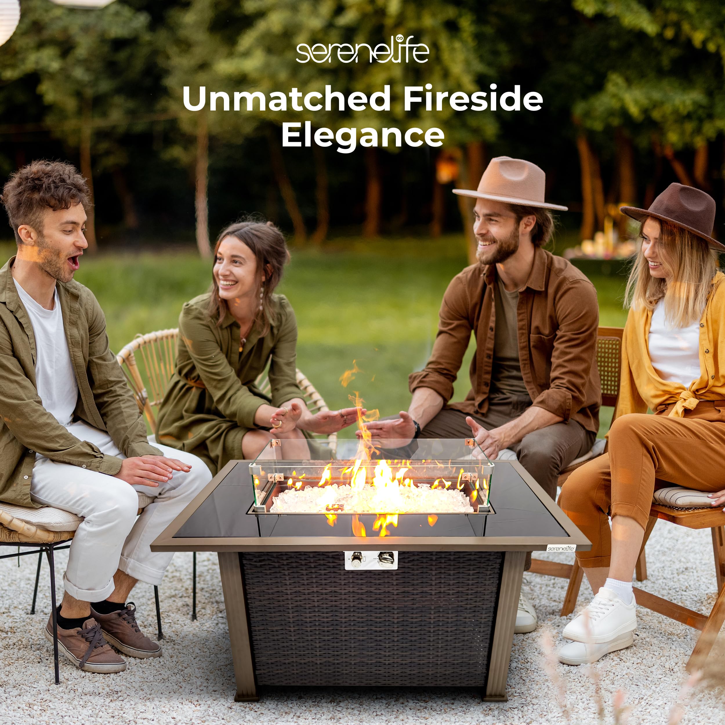 SereneLife 50,000 BTU Outdoor Propane Fire Pit Table with Auto-Ignition - Black Tempered Glass Top & Wind Guard for Patio, Backyard, Garden (Includes Clear Glass Rocks) | Perfect for Outdoor Gatherings, Camping & Relaxation