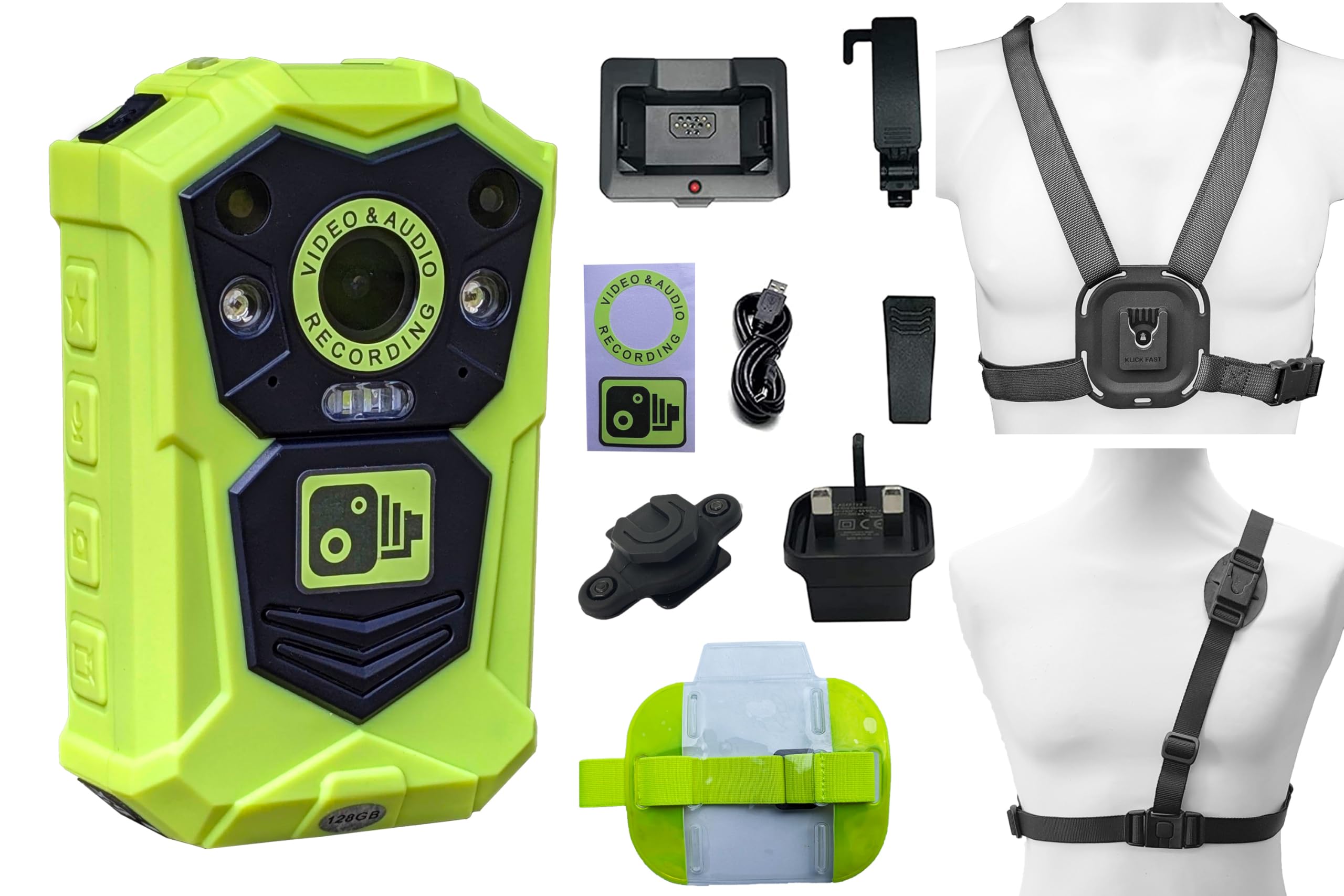 Brifield® BR1 NEO 128GB Ultra HD Wearable Body Camera - Professional Security Bodycam for Doorman, Bouncer & SIA Personnel - Neon Yellow Bodyworn Camera with Fast Click Accessories - Ideal for Personal Protection, Law Enforcement & Event Security