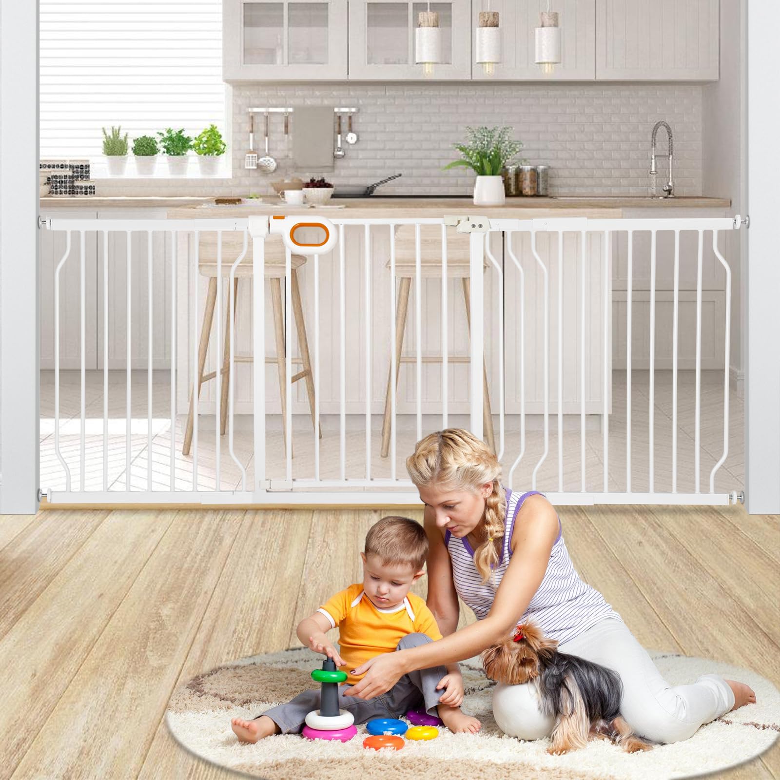 **Owlie Extra Wide Adjustable Baby Gate with Door (66-75 Inch) – Pressure Mount Safety Gate for Stairs, Doorways & Hallways – White, 30.5