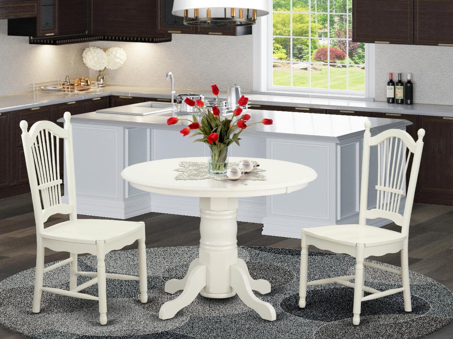 East West Furniture SHDO3-WHI-W 3-Piece Round Kitchen Table Set with Pedestal Base & 2 Dining Chairs for Small Spaces, 42x42 Inch, Linen White - Perfect for Apartments, Breakfast Nooks & Cozy Dining Areas