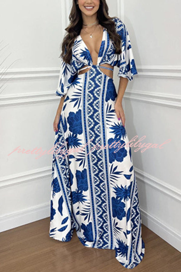 Wilma Unique Print Cutout Elastic Waist Tie Up Kimono Sleeve Maxi Dress - Women's Flowy Summer Beach Cover Up Dress for Vacation, Party & Boho Fashion