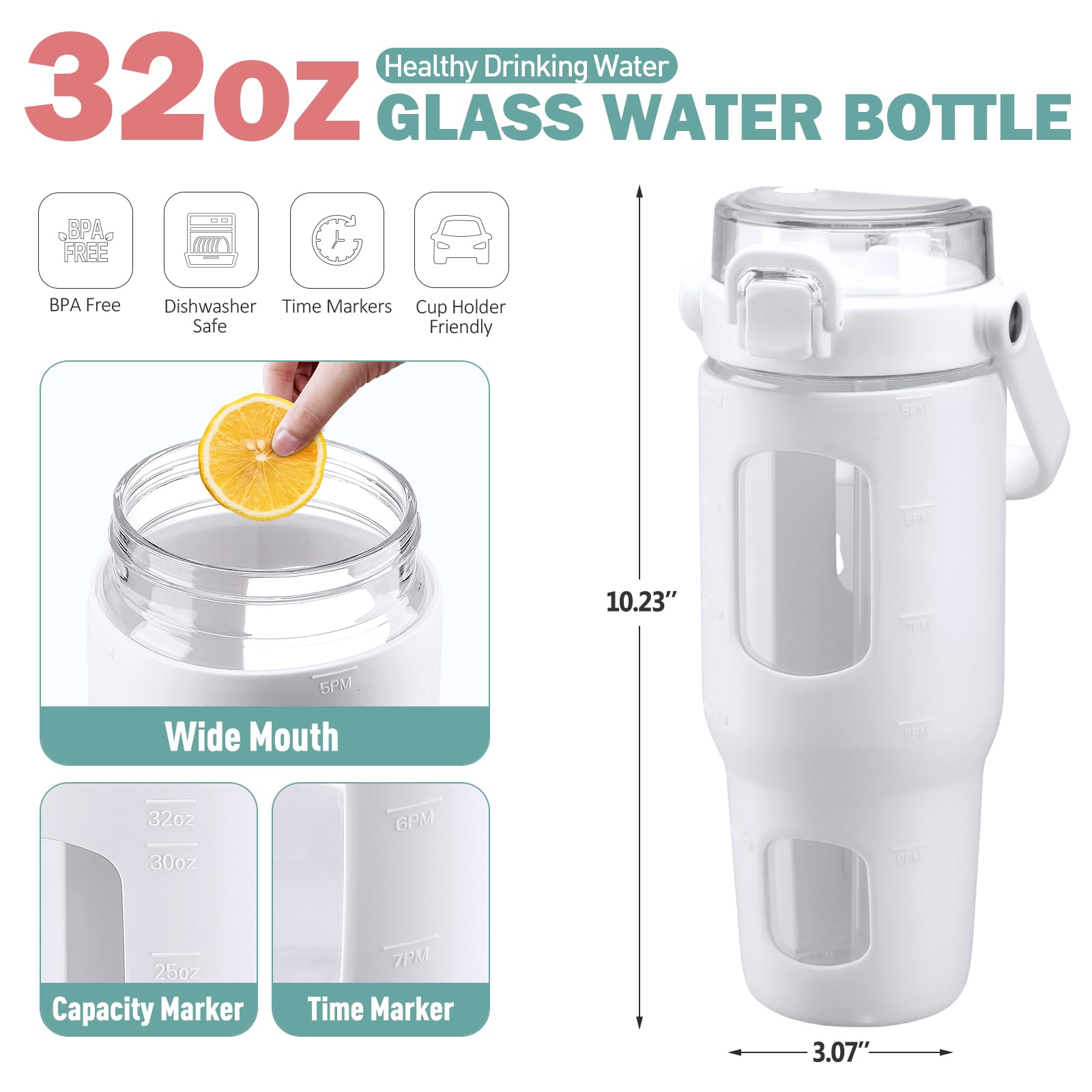 BLUEGO 32oz Glass Water Bottle with Straw & Time Marker - Half Gallon Motivational Water Bottle with Silicone Sleeve - 2L Large Glass Jug for Gym, Sports, Workout, Office & Daily Hydration - Perfect for Fitness Tracking & Healthy Lifestyle - White