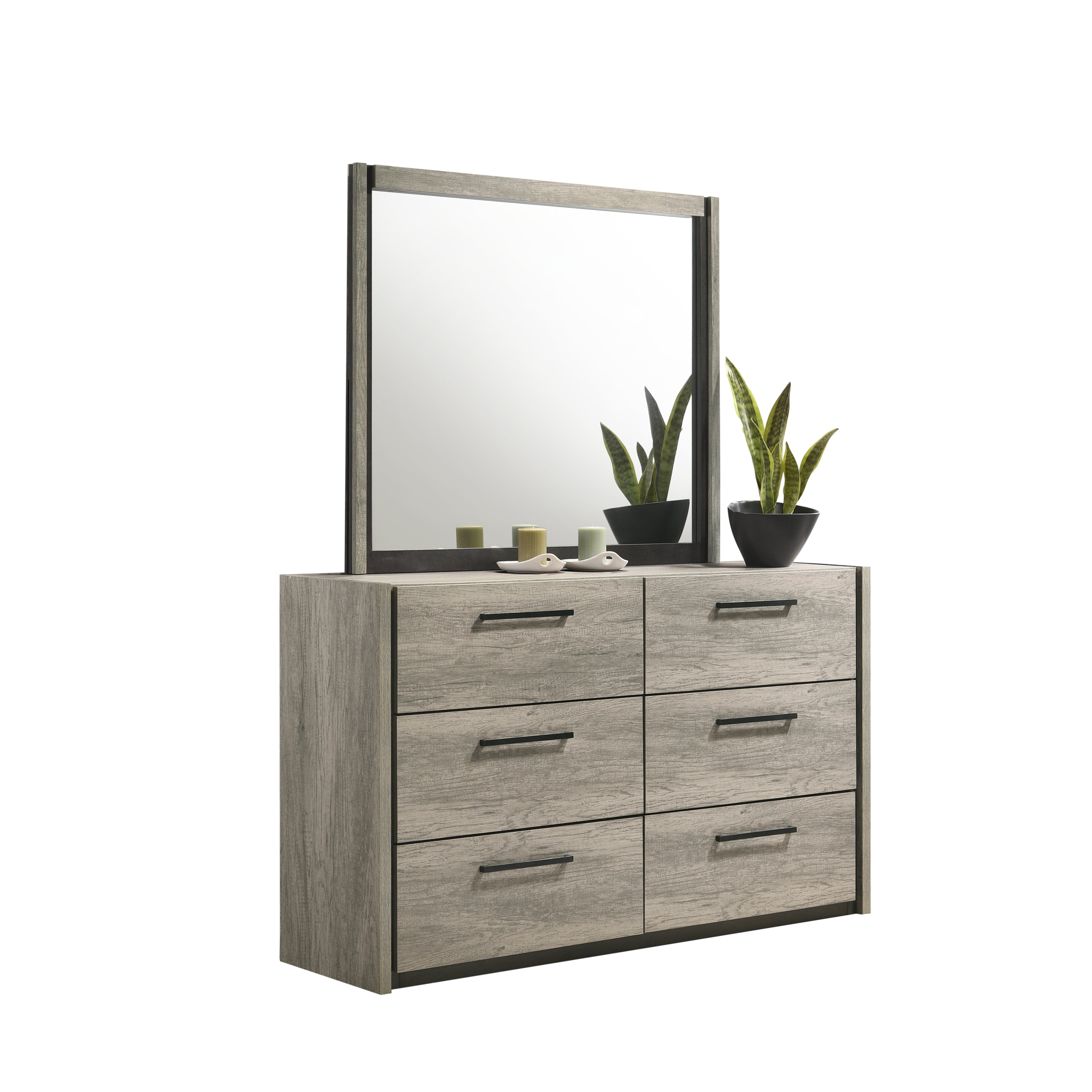 Roundhill Furniture Lenca 6-Drawer Dresser with Mirror in Weathered Gray - Stylish Bedroom Storage Solution for Master Bedroom, Guest Room or Dorm