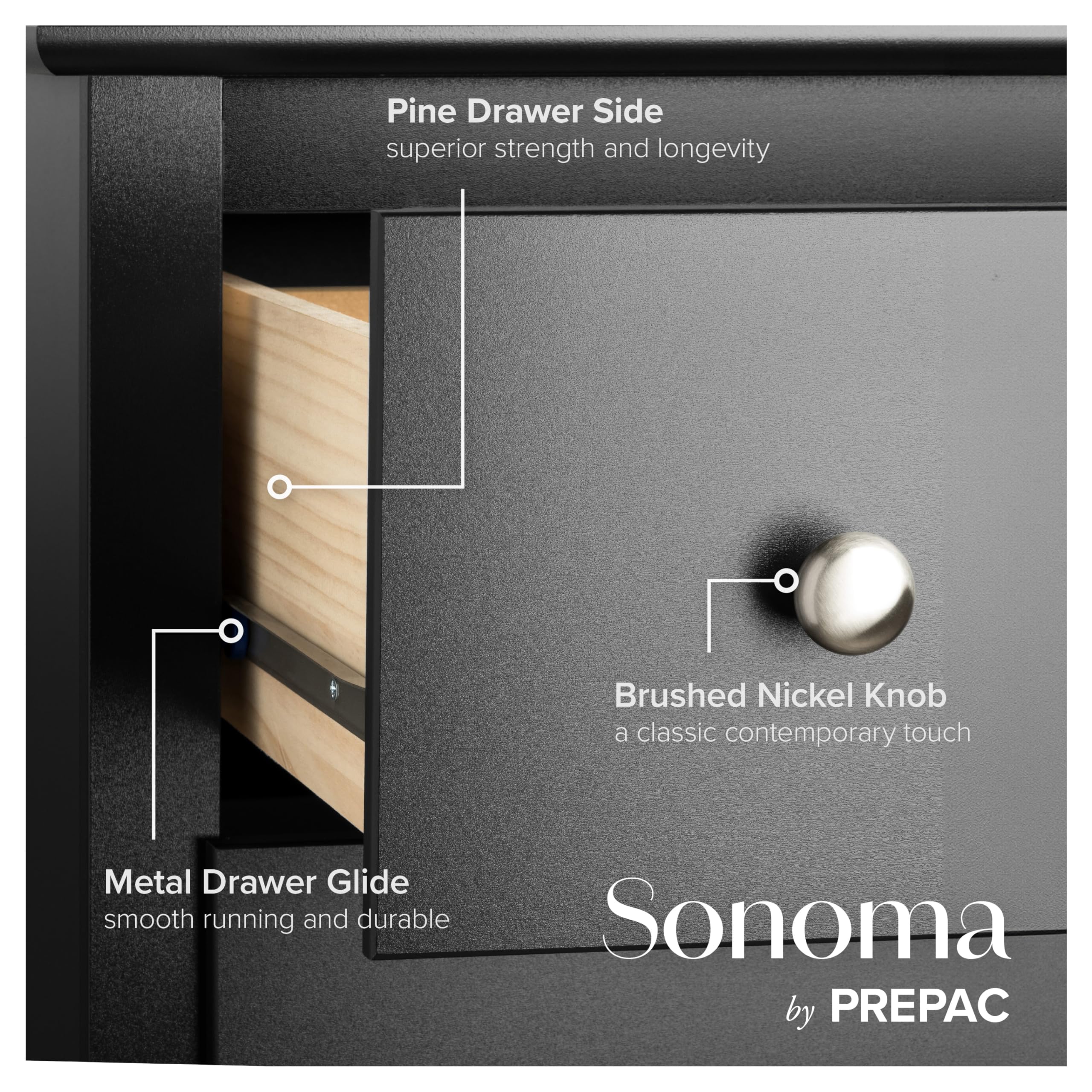Prepac Sonoma 6-Drawer Dresser for Bedroom - Tall Chest of Drawers with Clothes Storage Organizer, Black (19