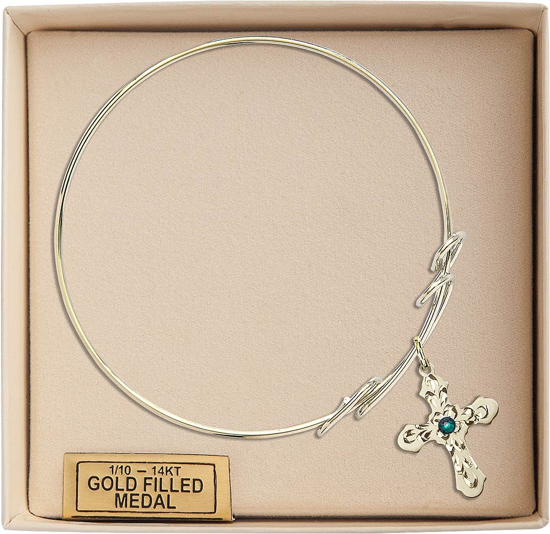 8 Inch Round Double Loop Bangle Bracelet with Cross Charm & May Green Crystal - Elegant Religious Jewelry for Women, Perfect for Church, Weddings & Everyday Wear