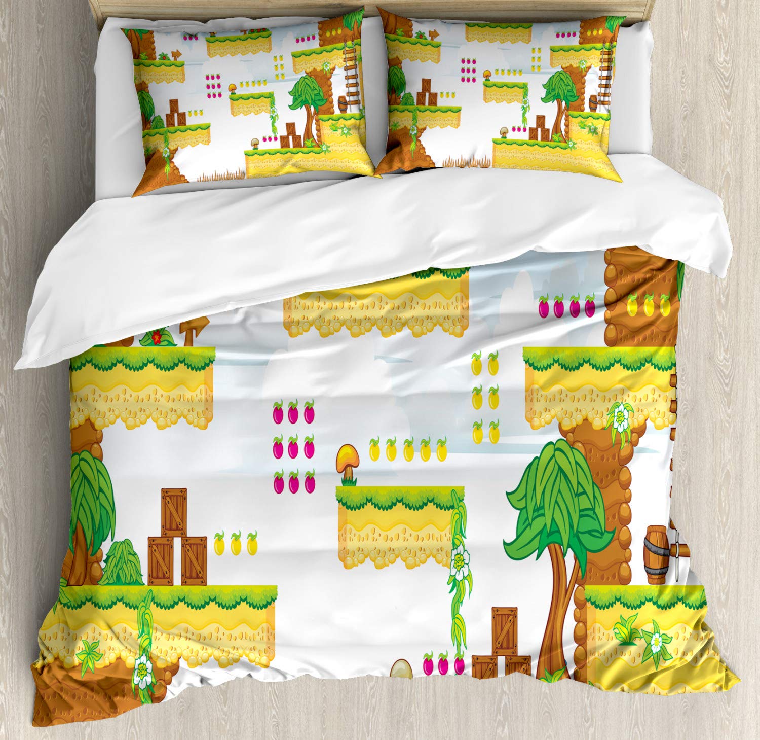 Ambesonne Video Games Duvet Cover Set - Retro Computer & Western Design 3-Piece King Size Bedding with 2 Pillow Shams | Fun Cartoon Cloud Adventure Theme | Perfect for Gamers' Bedrooms & Themed Decor